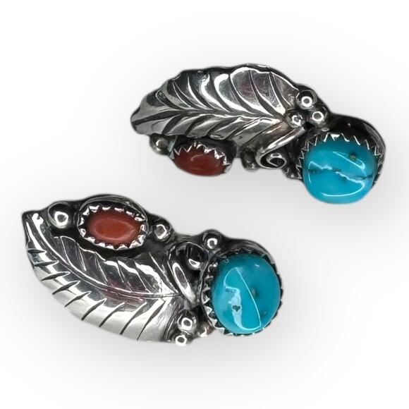 VTG Authentic Navajo Native American Sterling Silver Earrings Turquoise & Coral - Picture 3 of 5